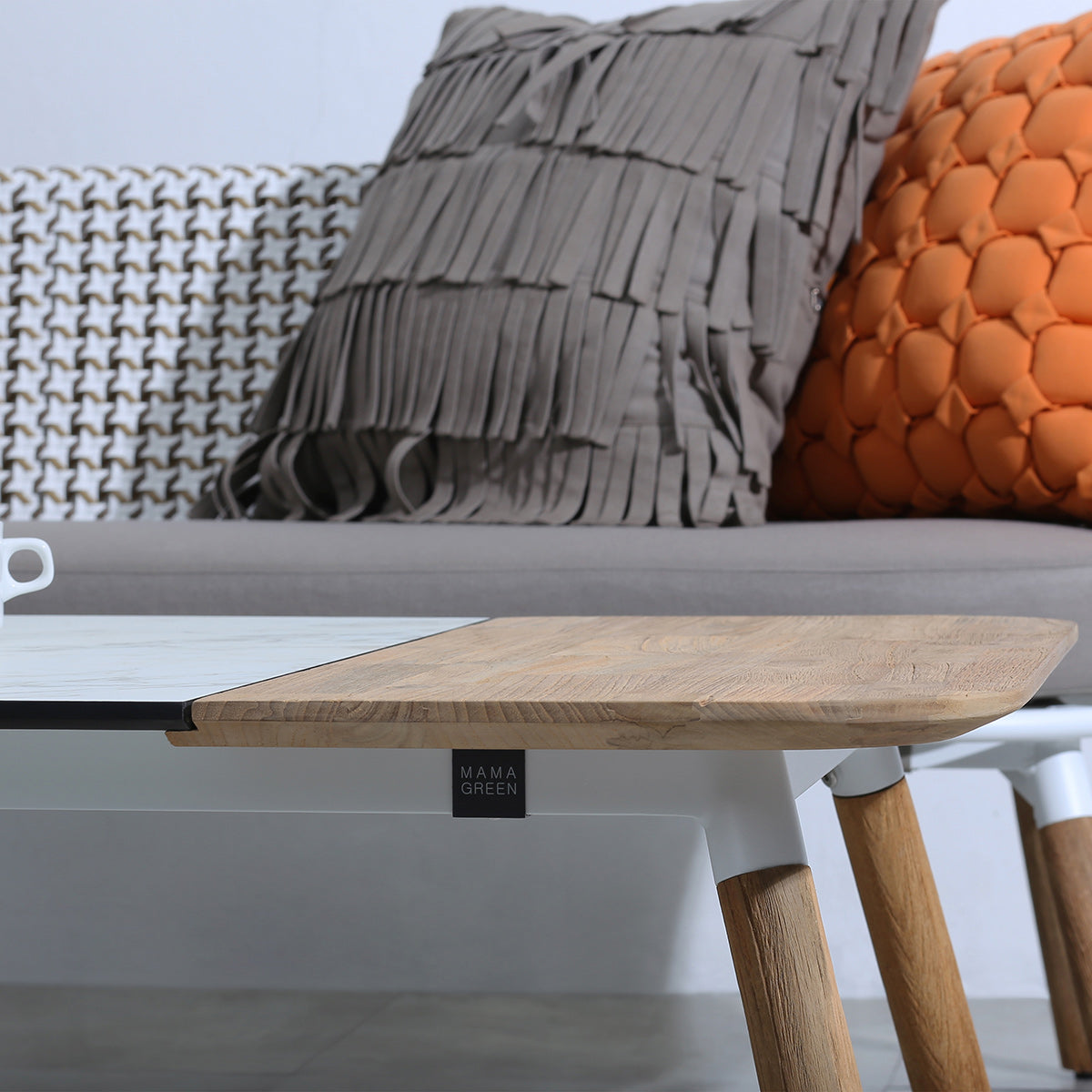 Daisy Rectangular Coffee Table by Mamagreen, showing closeup view of daisy rectangular coffee table in live shot.