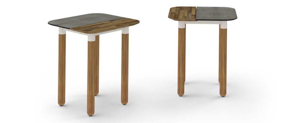 Daisy Side Table by Mamagreen, showing different angles of daisy side table in white sand aluminum, scratched grey hpl.
