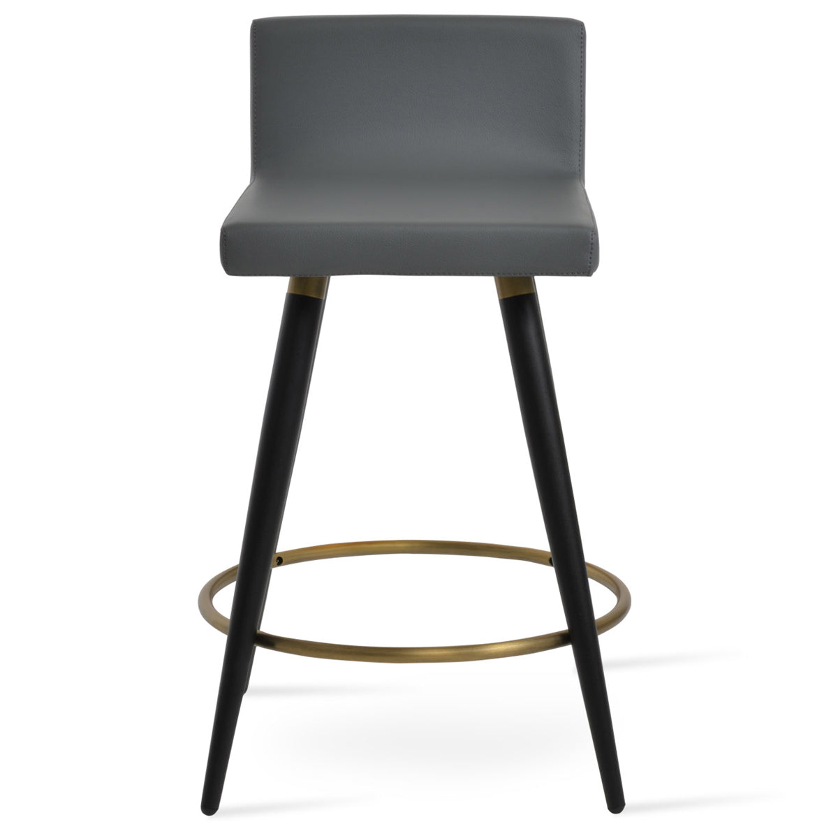 Dallas Ana Stool by SohoConcept, showing front view of dallas ana stool in brass footrest-ring/black finish metal tube legs, grey leatherette.