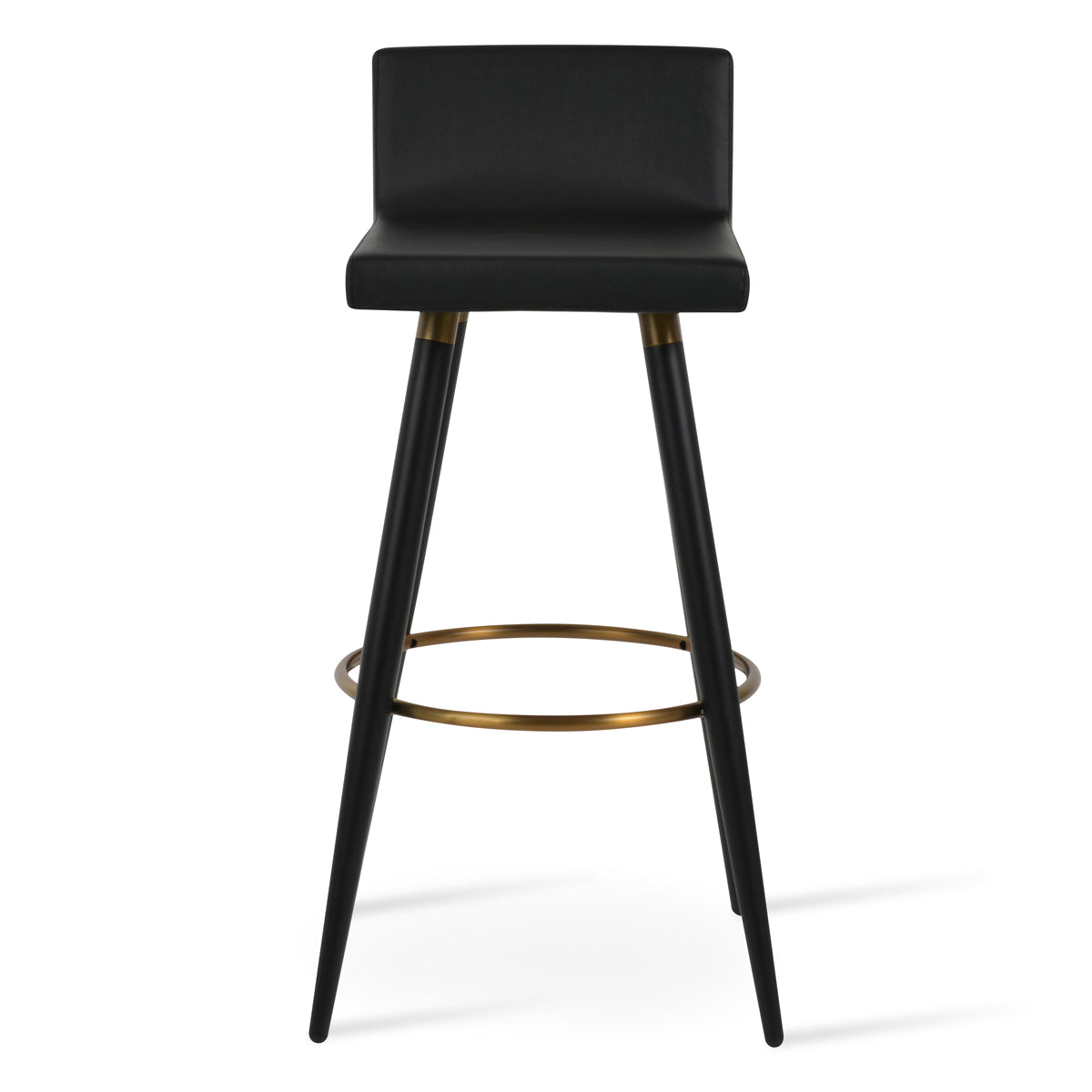 Dallas Ana Stool by SohoConcept, showing front view of dallas ana stool in brass footrest-ring/black finish metal tube legs, black leatherette.