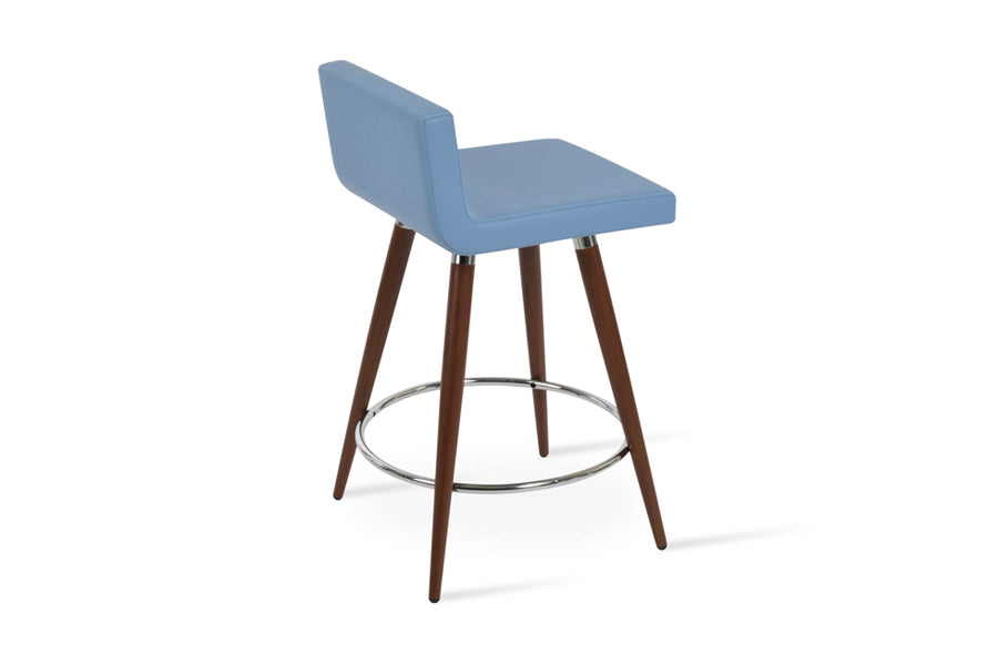 Dallas Ana Stool by SohoConcept, showing back view of dallas ana stool in chrome footrest-ring/walnut veneer metal tube legs, blue leatherette.