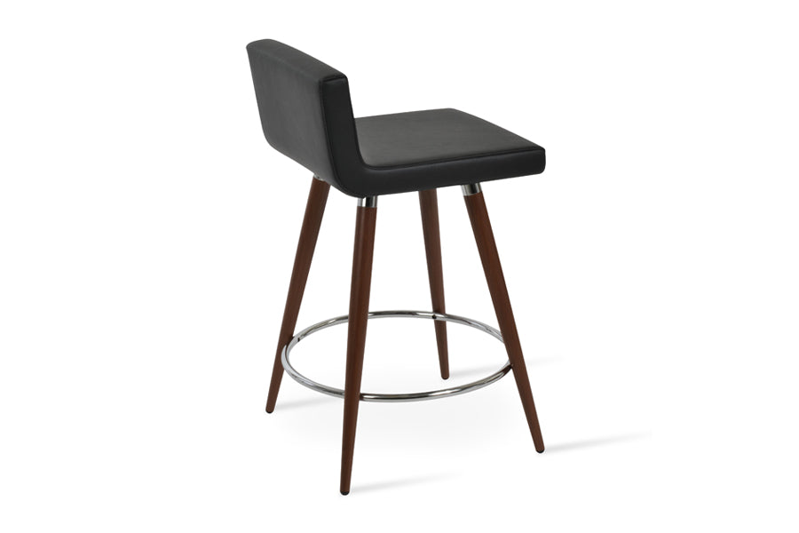 Dallas Ana Stool by SohoConcept, showing back view of dallas ana stool in chrome footrest-ring/walnut veneer metal tube legs, black leatherette.