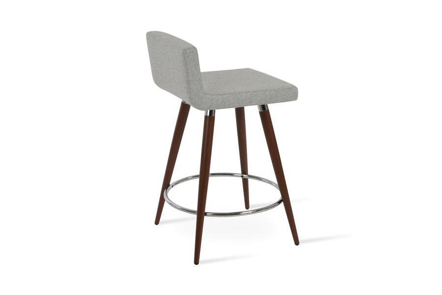 Dallas Ana Stool by SohoConcept, showing back view of dallas ana stool in chrome footrest-ring/walnut veneer metal tube legs, camira blazer silver wool.