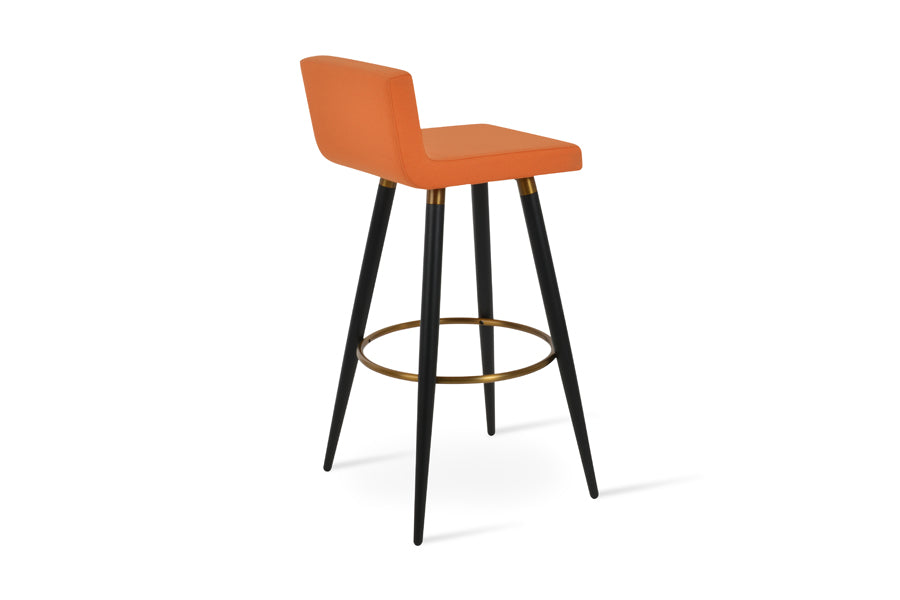 Dallas Ana Stool by SohoConcept, showing back view of dallas ana stool in brass footrest-ring/black finish metal tube legs, camira era orange fabric.