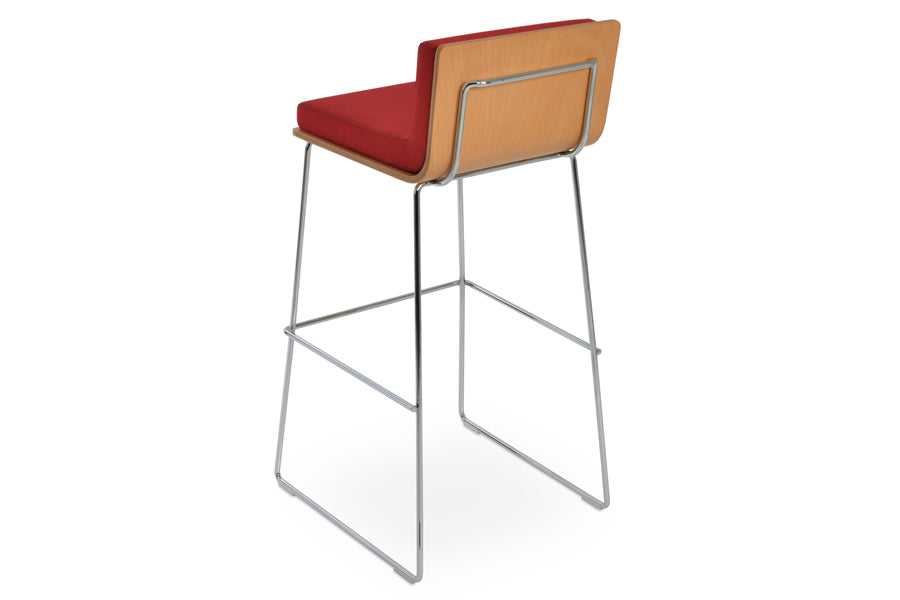 Dallas PL Wire Handle Back Stool by SohoConcept, showing back view of stool in camira era red fabric with chrome wire.