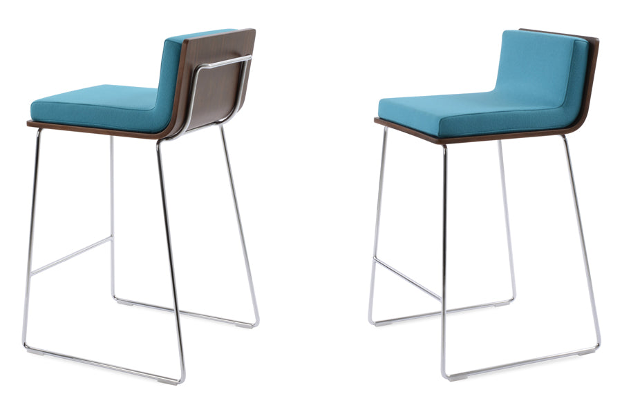 Dallas PL Wire Handle Back Stool by SohoConcept, showing different angle views of stools in camira blazer turquoise wool with chrome wire.