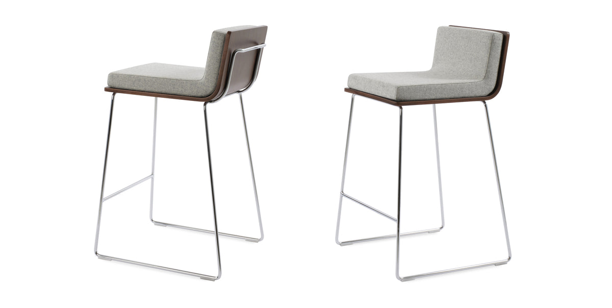 Dallas PL Wire Handle Back Stool by SohoConcept, showing different angle views of stools in camira blazer silver wool with chrome wire.