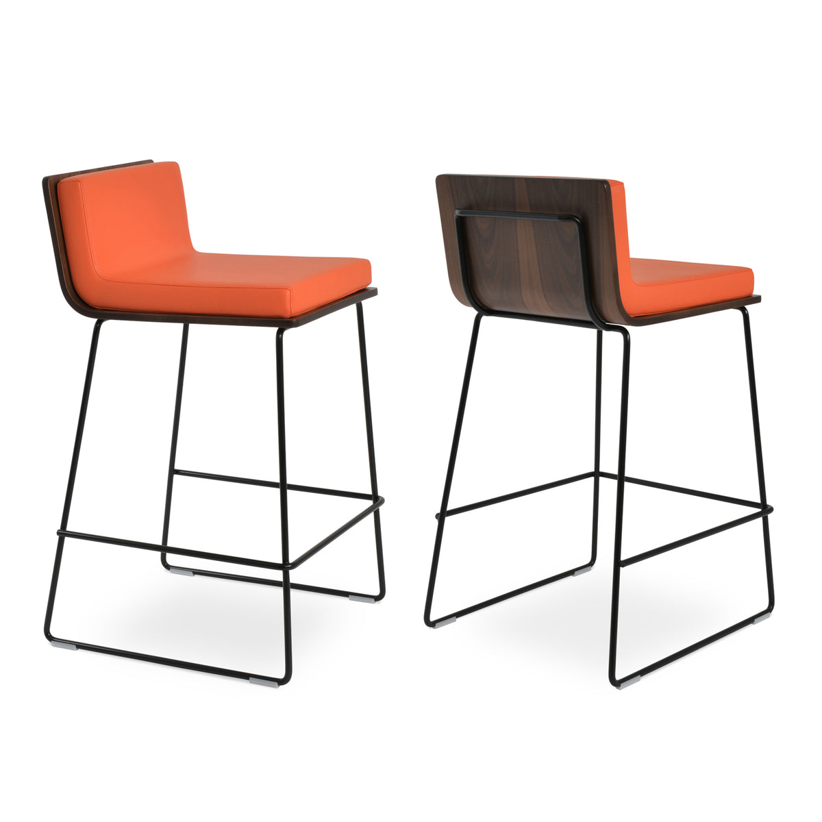 Dallas PL Wire Handle Back Stool by SohoConcept, showing different angle views of stools in orange leatherette with black wire base.