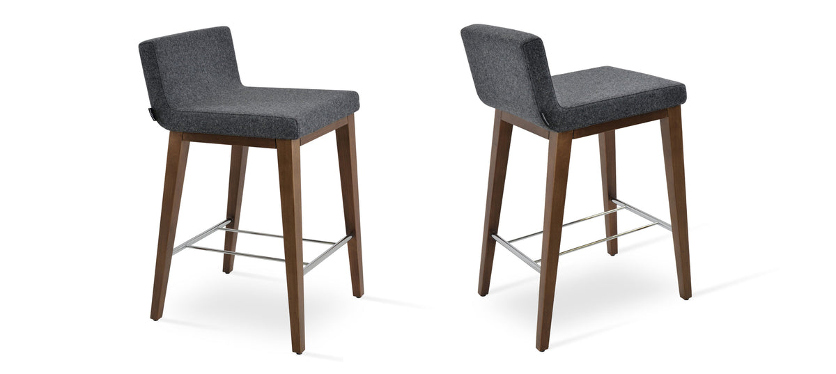 Dallas Wood Counter Stool by SohoConcept, showing angle view of dallas wood counter stools in camira blazer dark grey wool with walnul base finish.