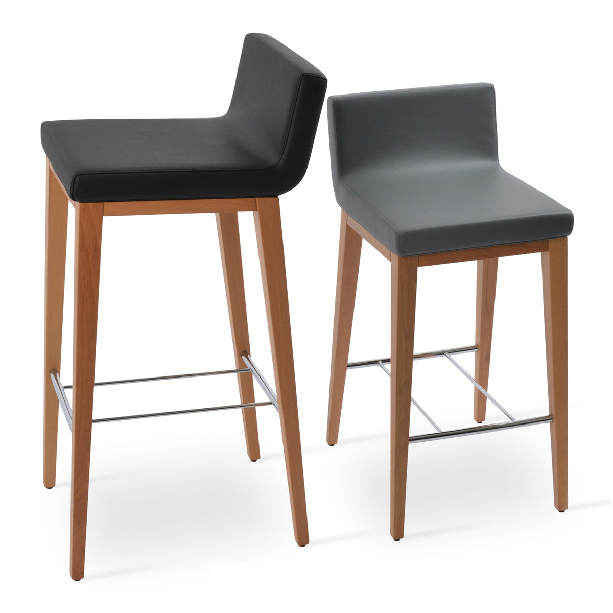 Dallas Wood Counter Stool by SohoConcept, showing angle view of dallas wood counter stools in black and grey leatherette with natural base finish.