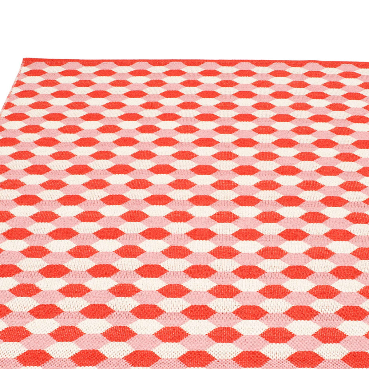 Dana Coral Red & Piglet & Vanilla Runner Rug by Pappelina, showing closeup view of dana coral red & piglet & vanilla runner rug.