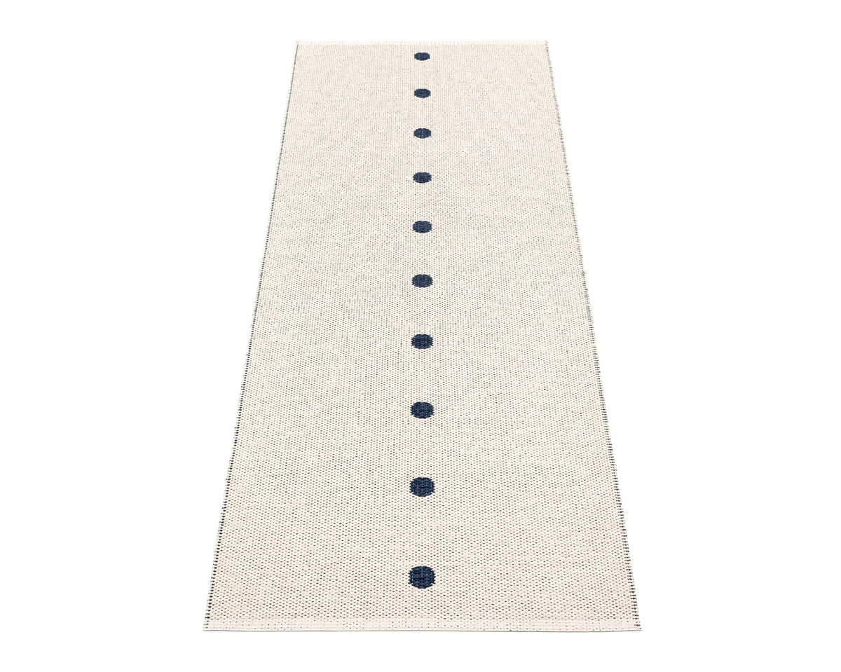Peg Dark Blue & Linen Runner Rug by Pappelina, showing back view of peg dark blue & linen runner rug