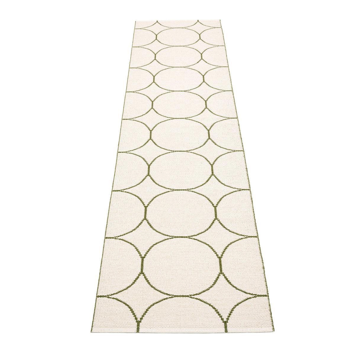 Boo Dark Olive & Vanilla Runner Rug by Pappelina, showing back view of boo dark olive & vanilla runner rug.