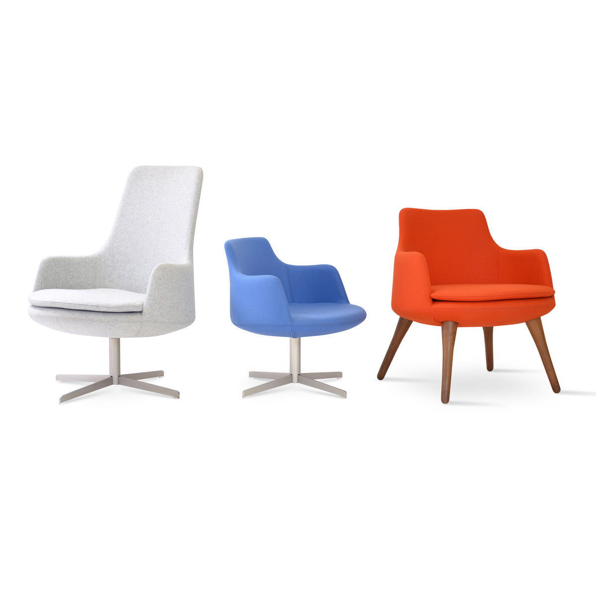 Dervish 4 Star Lounge Arm Chair by SohoConcept, showing angle view of dervish 4 star lounge arm chairs in group.