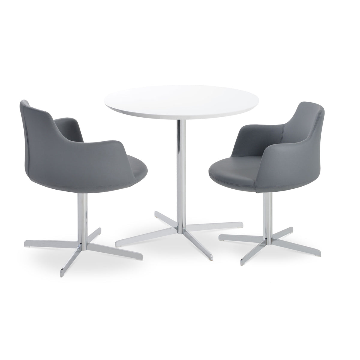 Dervish 4 Star Swivel Chair by SohoConcept, showing two chairs and diana dining table in grey leatherette and white lacquer top respectively.