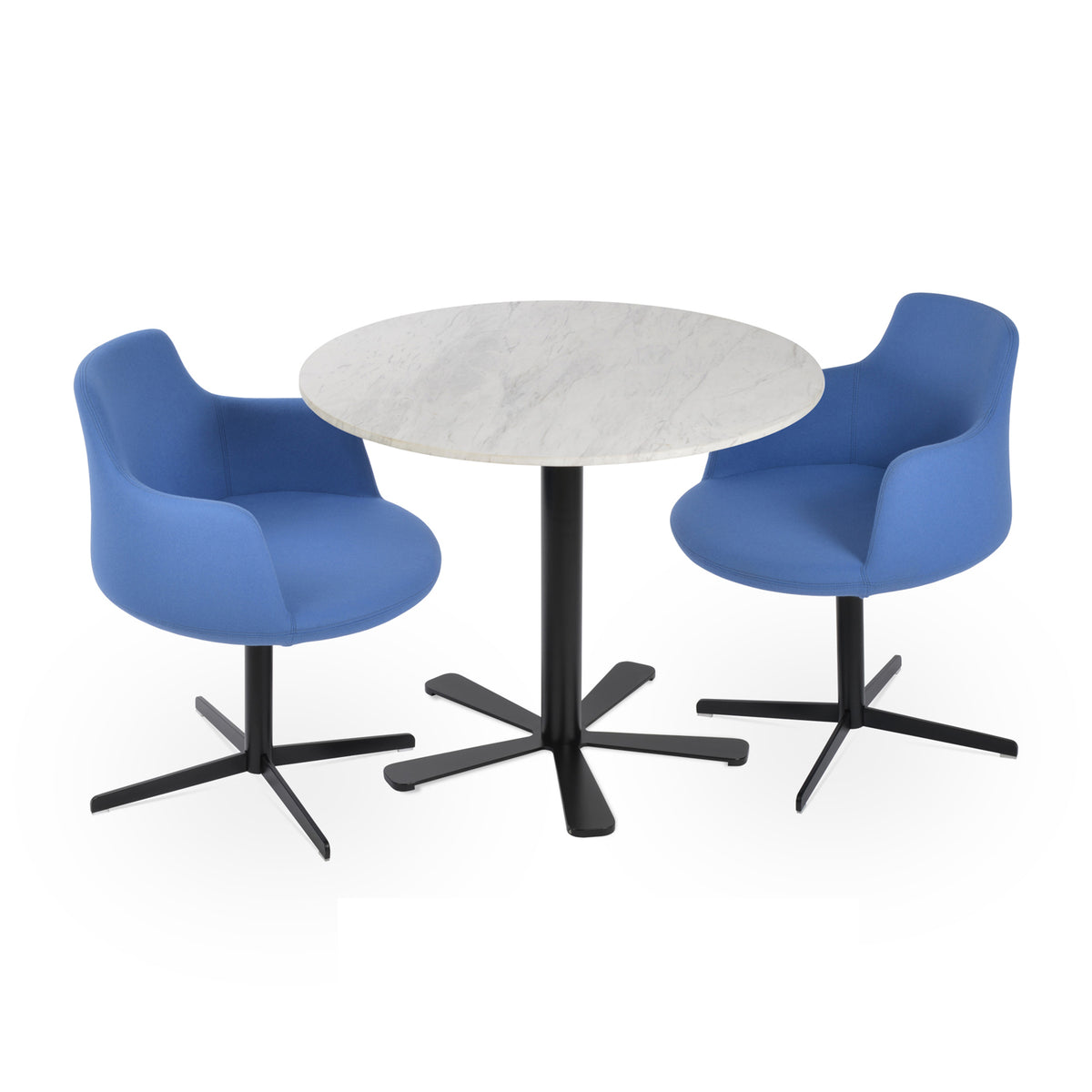 Dervish 4 Star Swivel Chair by SohoConcept, showing two chairs and daisy dining table in camira blazer skyblue wool and marble top respectively.