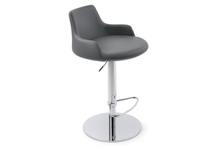 Dervish Piston Stool by SohoConcept, showing angle view in grey leatherette with polished stainless steel (half footrest) base.