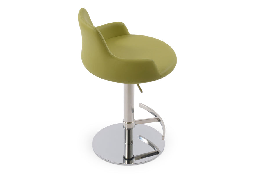 Dervish Piston Stool by SohoConcept, showing angle view in green leatherette with polished stainless steel (T-footrest) base.