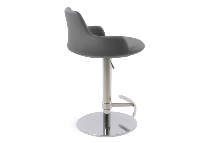Dervish Piston Stool by SohoConcept, showing angle view in grey leatherette with polished stainless steel base.
