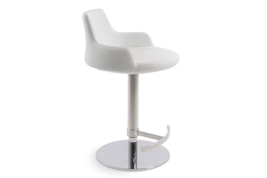 Dervish Piston Stool by SohoConcept, showing angle view in white leatherette with polished stainless steel base.
