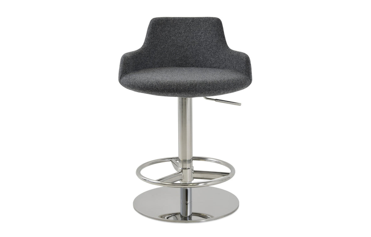 Dervish Piston Stool by SohoConcept - Full Footrest, Polished Stainless Steel, Camira Blazer Dark Grey Wool.