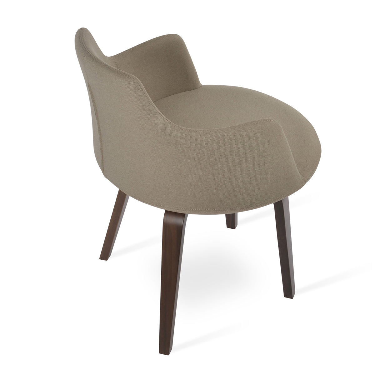Dervish Plywood Chair by SohoConcept, showing angle view in camira era beige fabric with american walnut veneer base.