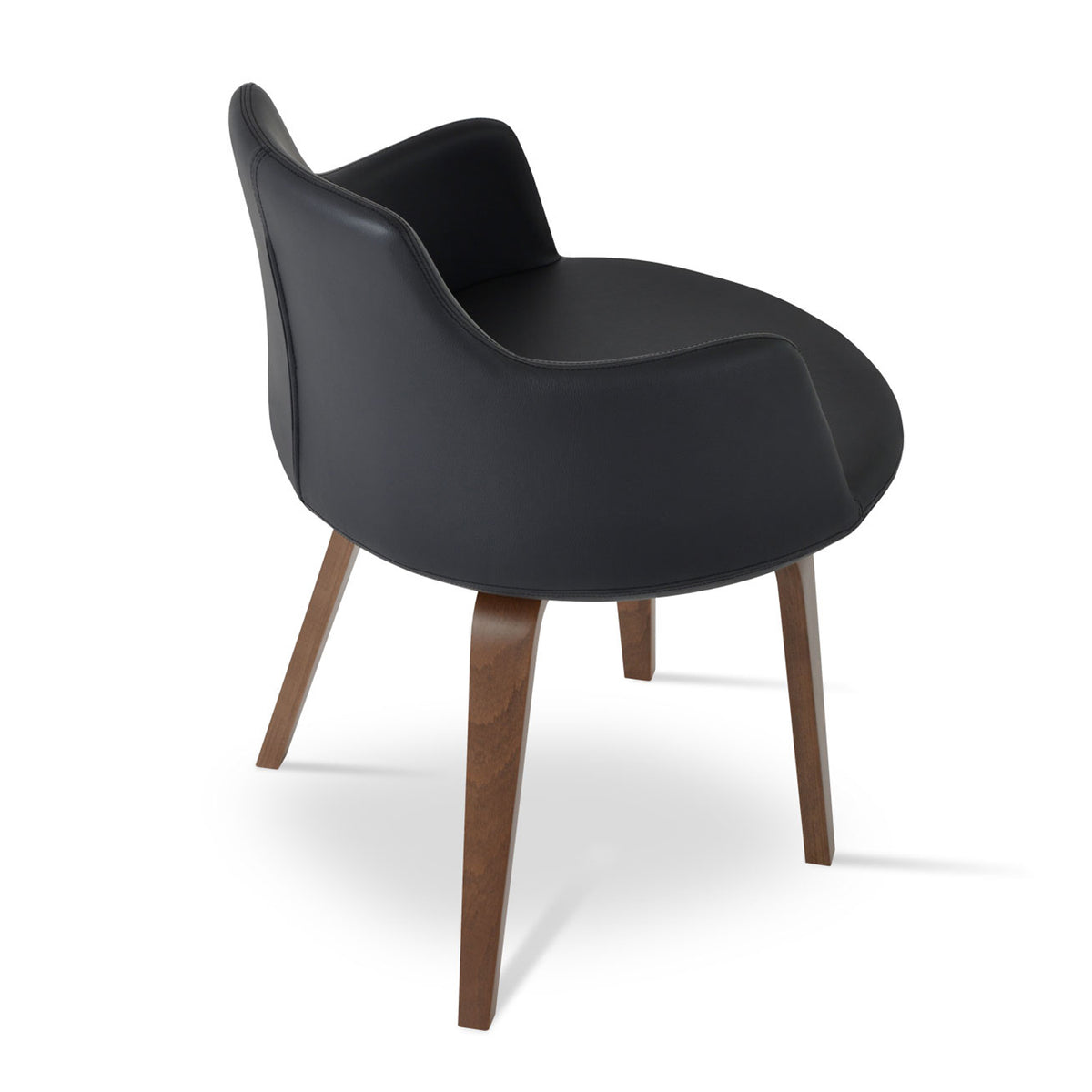 Dervish Plywood Chair by SohoConcept, showing angle view in black leatherette with american walnut veneer base.