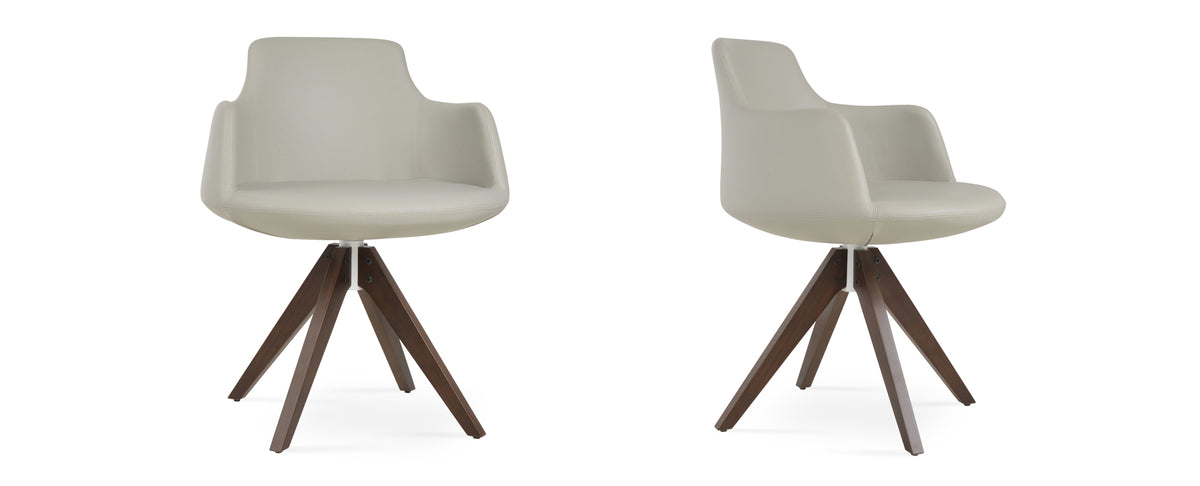 Dervish Pyramid Swivel Dining Chair by SohoConcept, showing different angle views of dining chairs in light grey leatherette with american original walnut wood base.
