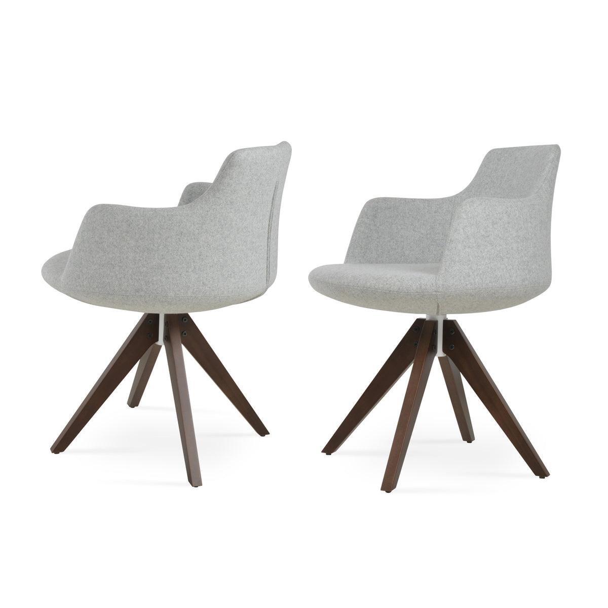 Dervish Pyramid Swivel Dining Chair by SohoConcept, showing different angle views of dining chairs in camira blazer silver wool with american original walnut wood base.