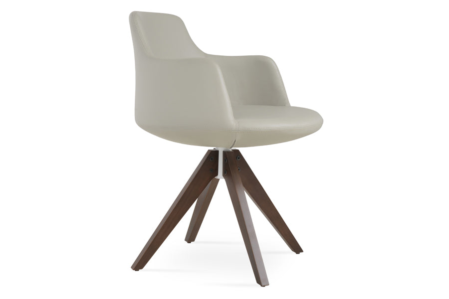 Dervish Pyramid Swivel Dining Chair by SohoConcept, showing side view of dining chair in light grey leatherette with american original walnut wood base.