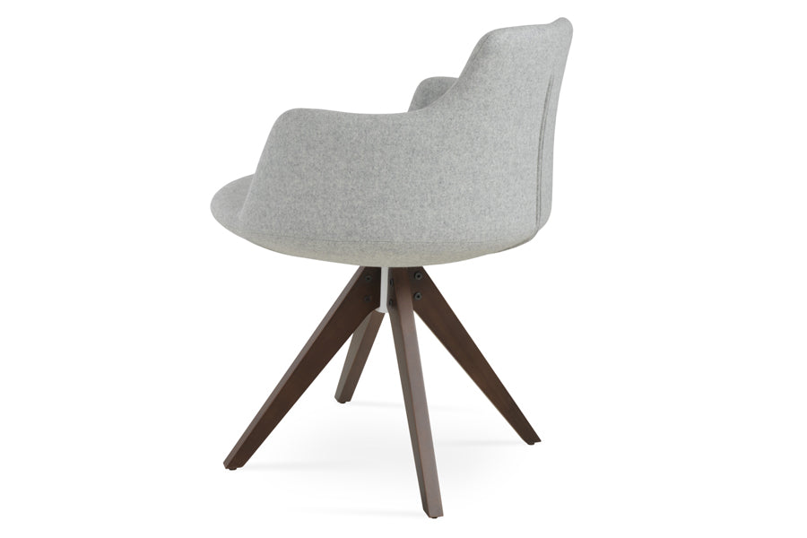 Dervish Pyramid Swivel Dining Chair by SohoConcept, showing back view of dining chair in camira blazer silver wool with american original walnut wood base.