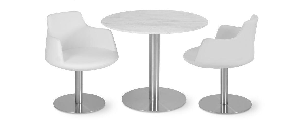 Dervish Round Swivel Chair by SohoConcept, showing angle view of chairs in white leatherette and tango dining table (36" top / 22.8" base).