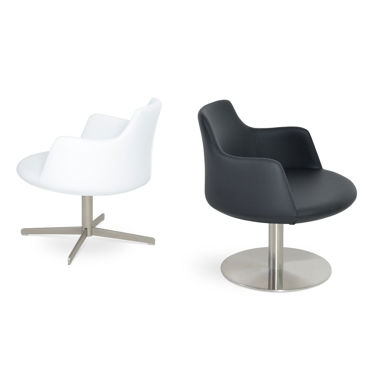 Dervish Round Swivel Chair by SohoConcept, showing angle view of 4 star and round small lounge in black and white leatherette.
