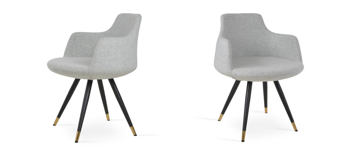 Dervish Star Chair by SohoConcept, showing different angle views of dervish star chair in camira blazer silver wool with black powder steel with gold ring.