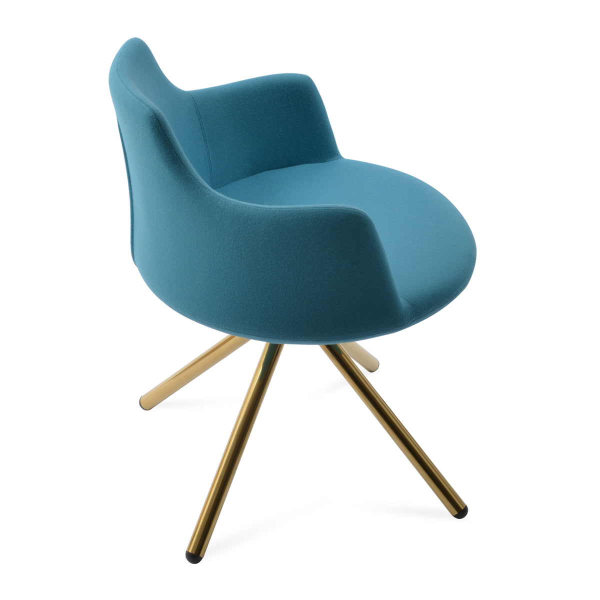 Dervish Stick Swivel Chair by SohoConcept, showing angle view in camira blazer turquoise wool with gold base.