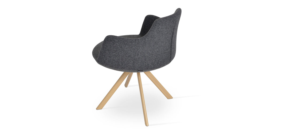 Dervish Sword Dining Chair by SohoConcept, showing angle view in camira blazer dark grey wool with natural veneer steel base.