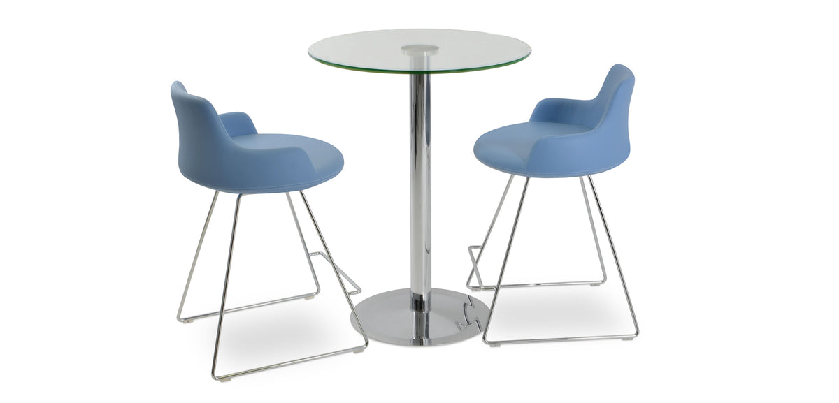 Dervish Wire Counter Stool by SohoConcept, showing angle view of two stools in blue leatherette with chrome wire base and lady bar table.
