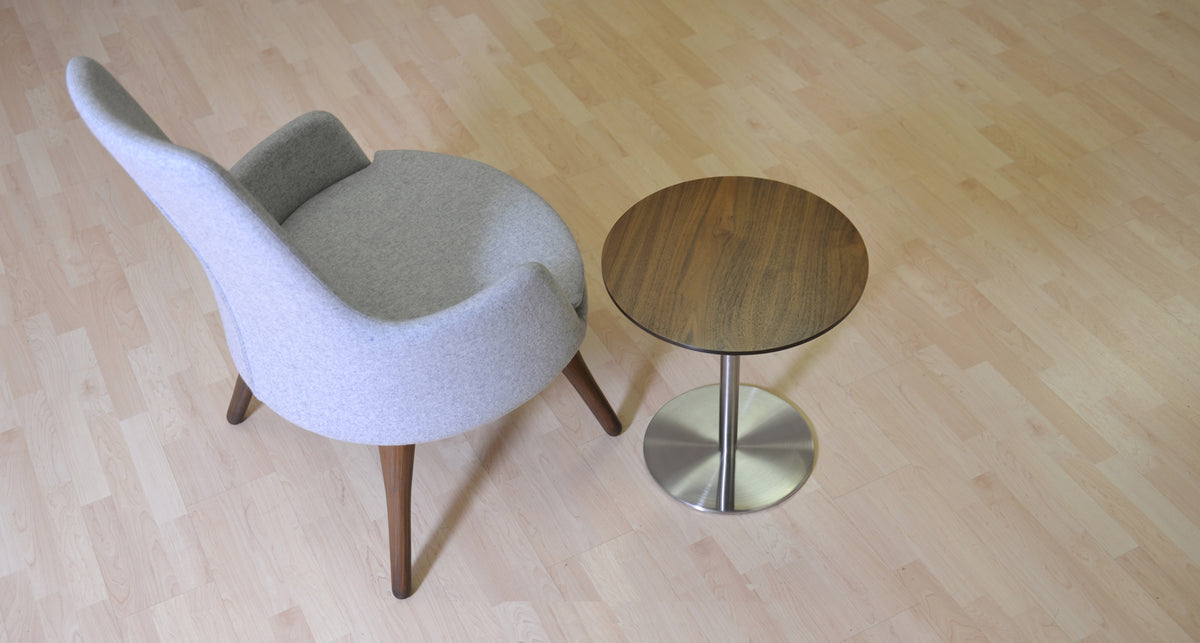 Dervish Wood Lounge Arm Chair by Sohoconcept, showing dervish wood lounge arm chair in silver camira wool with walnut finish & ares walnut end table.