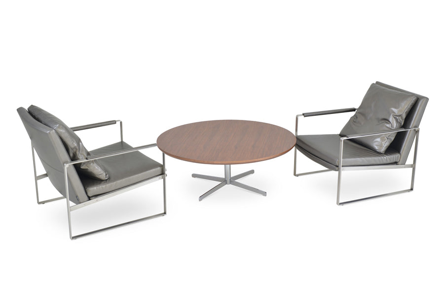 Diana Coffee Table by SohoConcept, showing diana coffee table in walnut top & zara chairs in metallic bronze genuine leather.