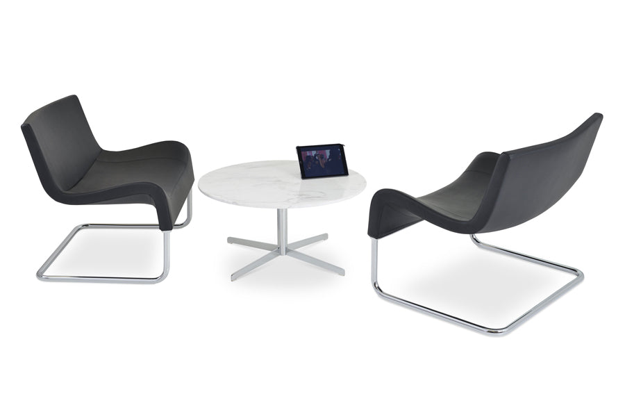 Diana Coffee Table by SohoConcept, showing diana coffee table in marble top with chrome base & marmaris chairs in black ppm.
