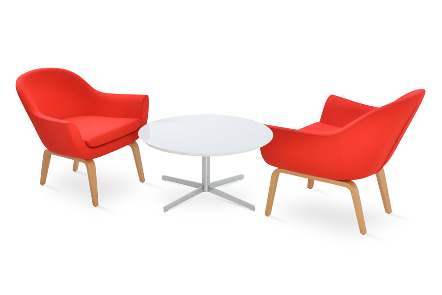 Diana Coffee Table by SohoConcept, showing diana coffee table in marble top & madison plywood chairs in candy apple red camira wool.