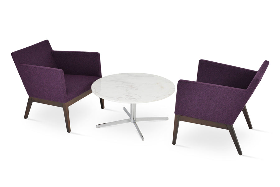 Diana Coffee Table by SohoConcept, showing diana coffee table in marble top & harput wood lounge chairs in deep maroon camira wool.