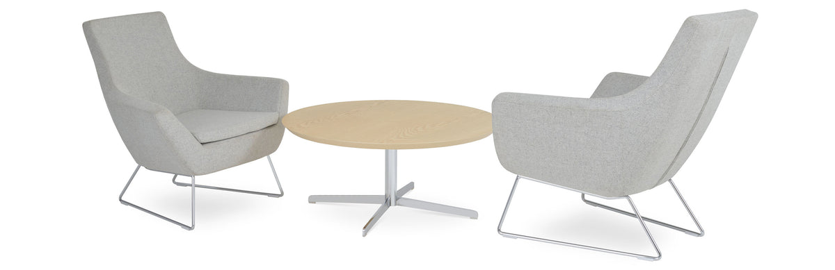 Diana Coffee Table by SohoConcept, showing diana coffee table in natural ash veneer top & rebecca wire chairs in grey brick wool.