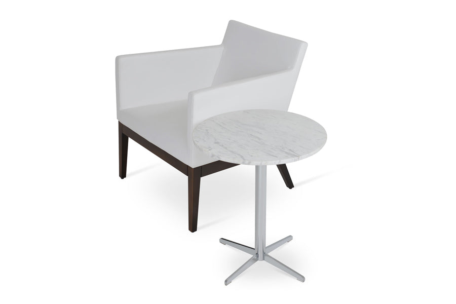 Diana End Table by SohoConcept, showing diana end table in marble top & harput wood lounge chair in white leatherette.