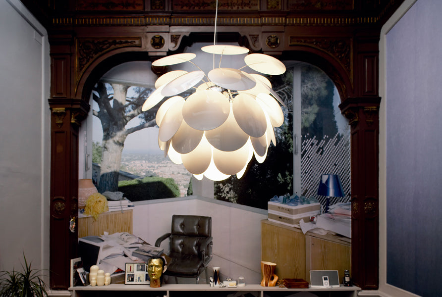 Discoco Pendant Lamp by Marset, showing discoco pendant lamp in live shot.