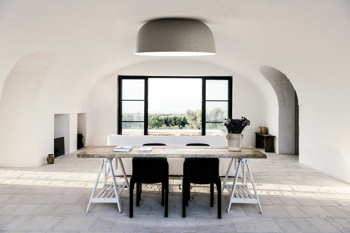 Djembe 100 Ceiling Lamp by Marset, showing djembe 100 ceiling lamp in live shot.