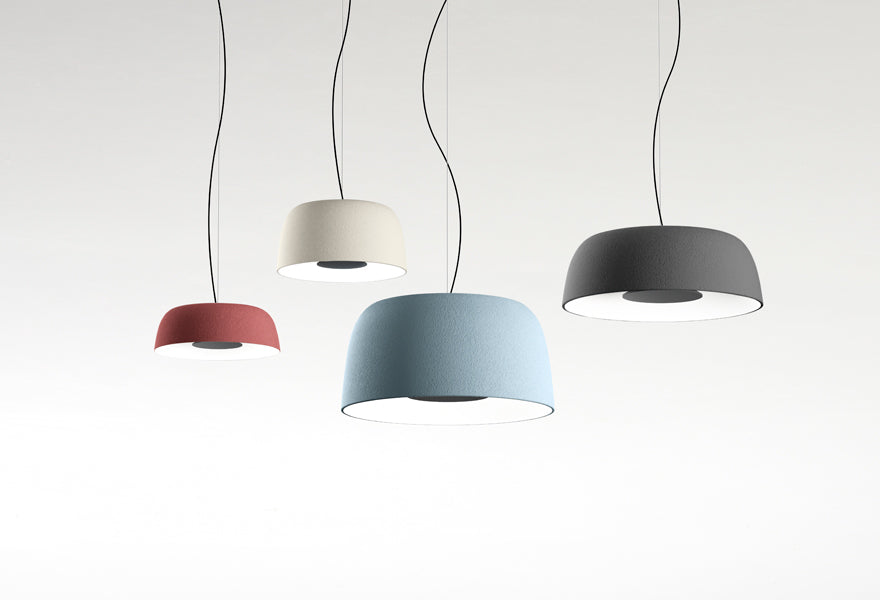 Djembe Pendant Lamp by Marset, showing djembe pendant lamps in live shot.