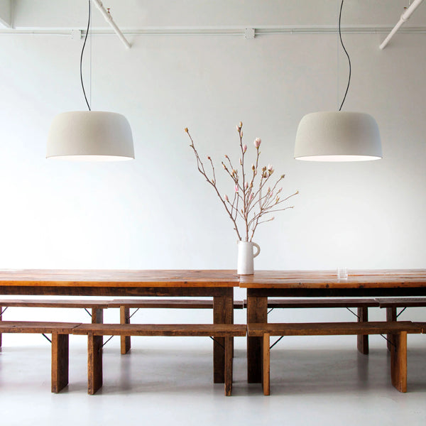 Djembe Pendant Lamp by Marset, showing djembe pendant lamps in live shot.