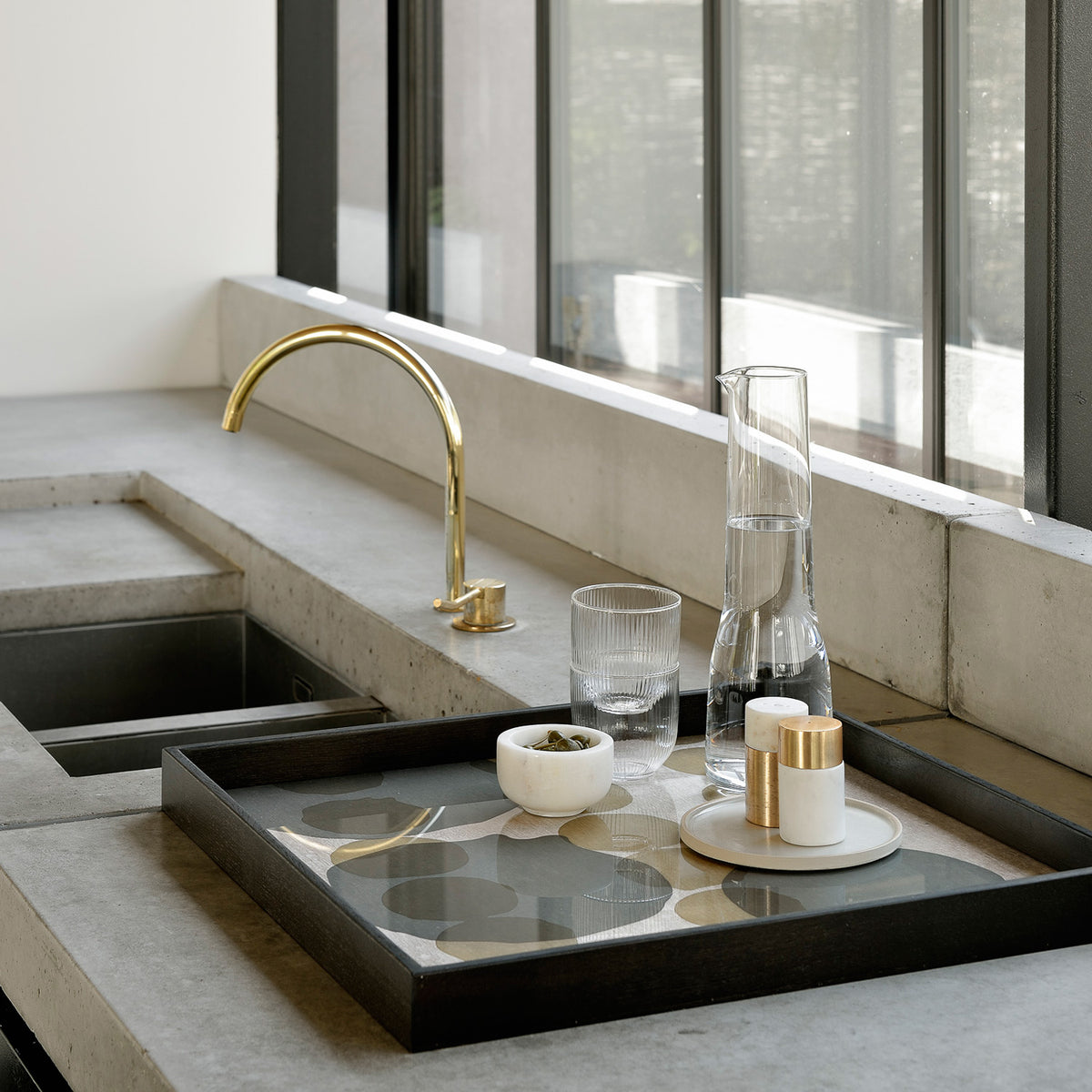 Dots Glass Tray by Ethnicraft, showing dots glass tray in live shot.