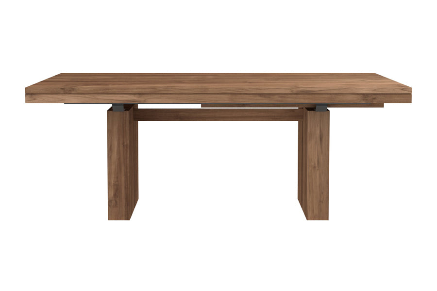 Double Extendable Dining Table by Ethnicraft, showing front view of double extendable dining table in teak wood.